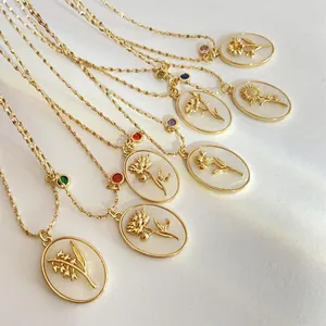 Vintage gold birth flower oval pendant necklaces with colored gemstones for women