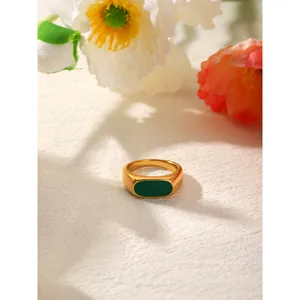 Vintage French style gold stainless steel ring with green enamel oval inlay