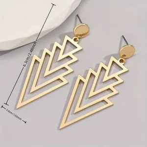 Minimalist gold-toned geometric tiered triangle drop earrings with dimension markings shown