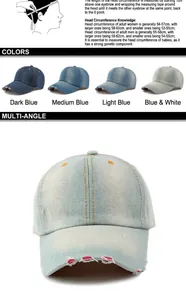 Close-up detail of a distressed washed denim baseball cap in a light blue finish