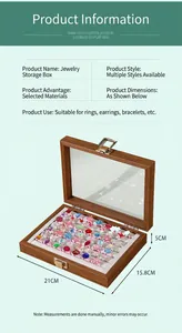 Walnut grain jewelry box with transparent lid and ring display slots, 21x15.8x5cm