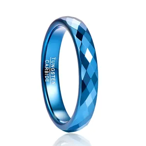 4mm Blue Faceted Tungsten Steel Ring For Men Women Rhombus Batch Flower Minimalist Polished Band Ring Jewelry