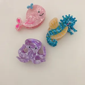 Handmade cellulose acetate ocean animal hair clips set with whale, seahorse and octopus