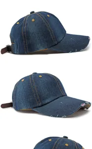 Detail views of a washed denim baseball cap featuring distressed edges and classic style