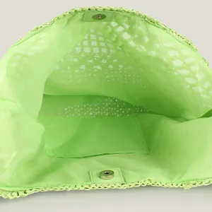 Large capacity lime green woven tote bag with interior pocket and magnetic closure