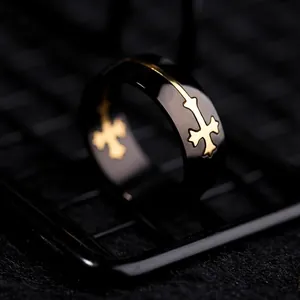 Men's black titanium steel ring with creative detachable gold cross