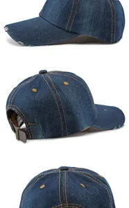 Multi-angle views of a distressed washed denim baseball cap with leather back strap.