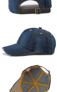Multi-angle detail of a washed denim baseball cap with distressed brim and leather strap.