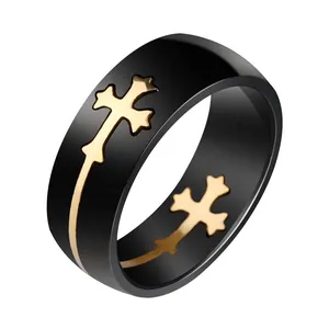 Men's black titanium steel ring featuring a creative gold cross design in matte finish.