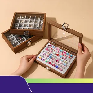 Walnut Wood Grain Jewelry Box Organizer With Transparent Glass Lid Metal Latch Velvet Lining For Rings Earrings Bracelets
