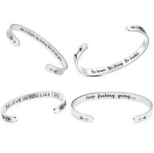 Minimalistischer Edelstahl Armreif Für Damen Offen C-Förmig Laser Graviert Inspirierende Zitate Pfeilmuster Modeschmuck