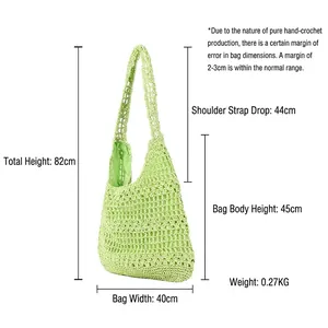 Stylish large green hollow woven shoulder bag minimalist straw tote for beach travel
