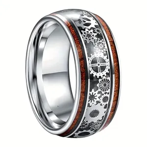 Men's 8mm gear stainless steel ring featuring real wood inlay and steampunk gear aesthetic