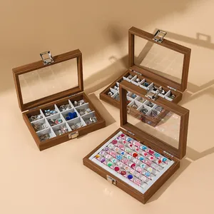 Elegant walnut wood grain jewelry storage boxes with clear lids for rings and earrings