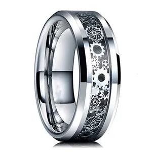 Men's 8mm stainless steel band featuring a cool black mechanical gear pattern inlay