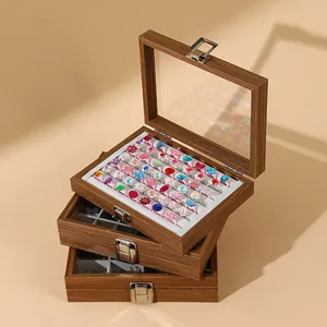 Walnut wood grain jewelry display box with clear lid for rings and earrings storage