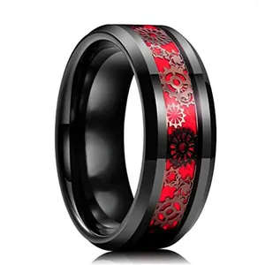 Mens 8mm black stainless steel ring featuring red gear pattern and carbon inlay