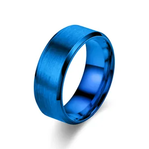 Modern blue titanium steel ring with matte brushed finish and sleek beveled edges.