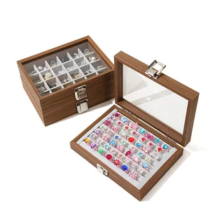 Walnut wood grain jewelry box with transparent lid for rings and earrings storage