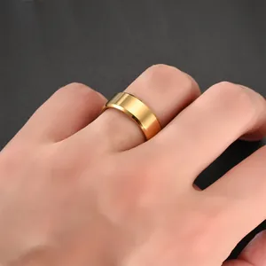 Detailed view of a gold matte titanium steel ring featuring elegant beveled edges