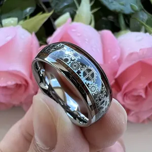 Men's 8mm stainless steel ring with mechanical gear inlay design and wood finish.