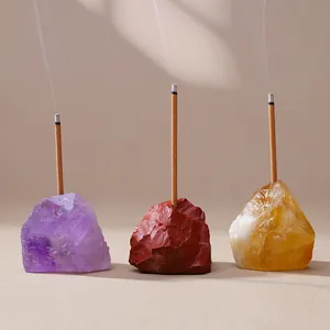 Natural raw crystal stone incense sticks holder set with Amethyst Citrine and Jasper