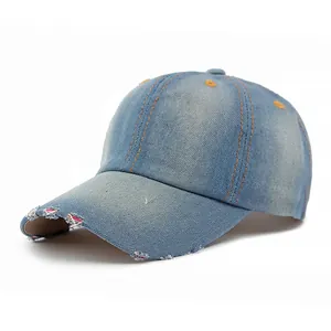 Classic washed denim baseball cap with distressed edges for men and women sun protection