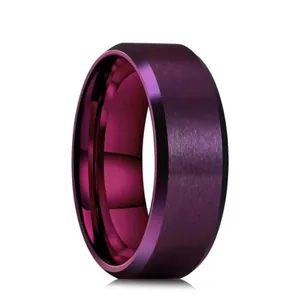 Purple matte brushed titanium steel ring with double beveled edges and polished interior.