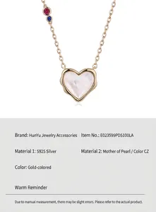 Close-up detail of S925 silver heart necklace with mother of pearl and colored stones