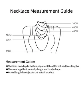 Necklace size chart illustrating various chain lengths from 30cm to 75cm on a neck model.