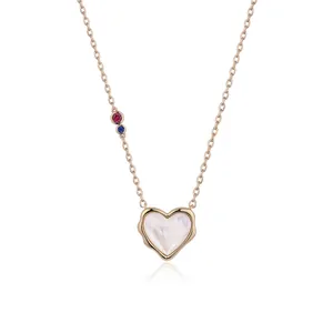 Elegant heart-shaped mother-of-pearl necklace in gold finish with colorful stones