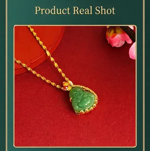 Detailed view of a green jade Maitreya Buddha pendant with an elegant golden lotus base
