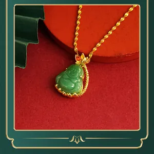 Close-up of a green jade Maitreya Buddha pendant on a golden twisted chain necklace