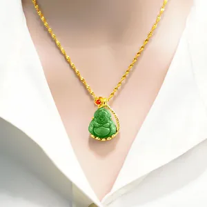 Elegant gold-plated necklace featuring a green jade Maitreya Buddha pendant for women.