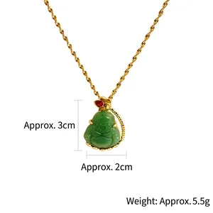 Elegant green jade Buddha pendant necklace with a gold twisted chain and floral detail