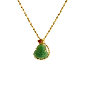 Elegant gold-plated copper necklace with a green jade-style Laughing Buddha pendant charm
