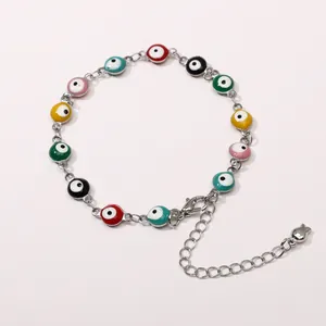 Colorful evil eye bead stainless steel bracelet with silver adjustable link chain