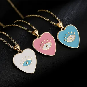 18K Gold Plated Copper Heart Evil Eye Pendant Necklace For Women Personalized Zirconia Enamel Minimalist Fashion Jewelry
