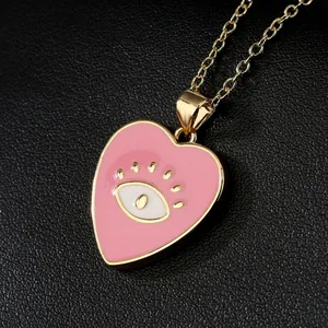 18K Gold plated heart evil eye pendant necklace with pink enamel finish for women