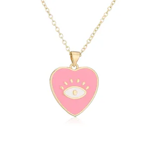 Elegant 18K gold plated heart necklace with a pink enamel evil eye motif for women