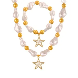 Elegant baroque faux pearl necklace and bracelet set with gold beads and starfish charms.