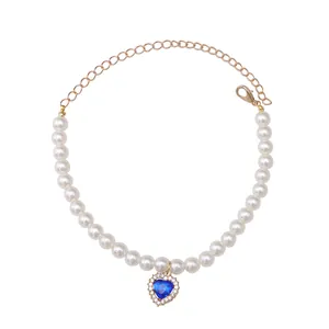 Elegant pet pearl necklace with blue heart rhinestone pendant for cats and dogs
