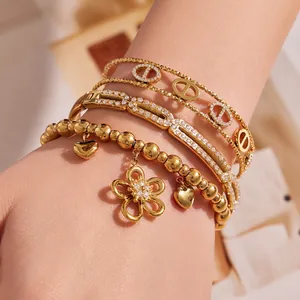 Light Luxury Stainless Steel Zirconia Flower Heart Pig Nose Bangle Bracelet Set For Women Gold Silver Plated Fashion Jewelry