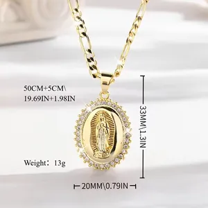 Elegant gold Virgin Mary religious pendant necklace with Figaro chain and size specs