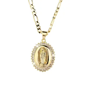 Elegant gold plated Virgin Mary religious pendant necklace featuring a Figaro style chain