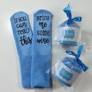 Cozy blue coral fleece cupcake gift socks with funny bring me wine non-slip text