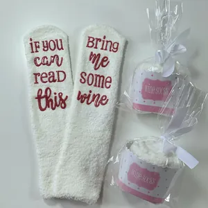 Cozy white coral fleece socks with funny wine quote rubber sole lettering and gift wrap