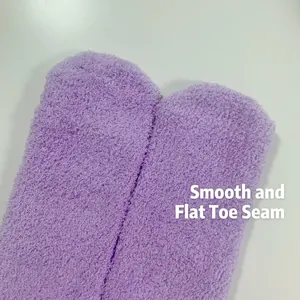 Detail view of the smooth toe seam on soft lavender coral fleece fuzzy socks