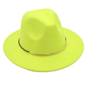 Detailed view of neon yellow wool felt fedora hat with gold and black metallic band