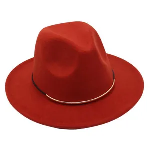 Classic red wool felt fedora hat featuring a stylish gold metal accent band.